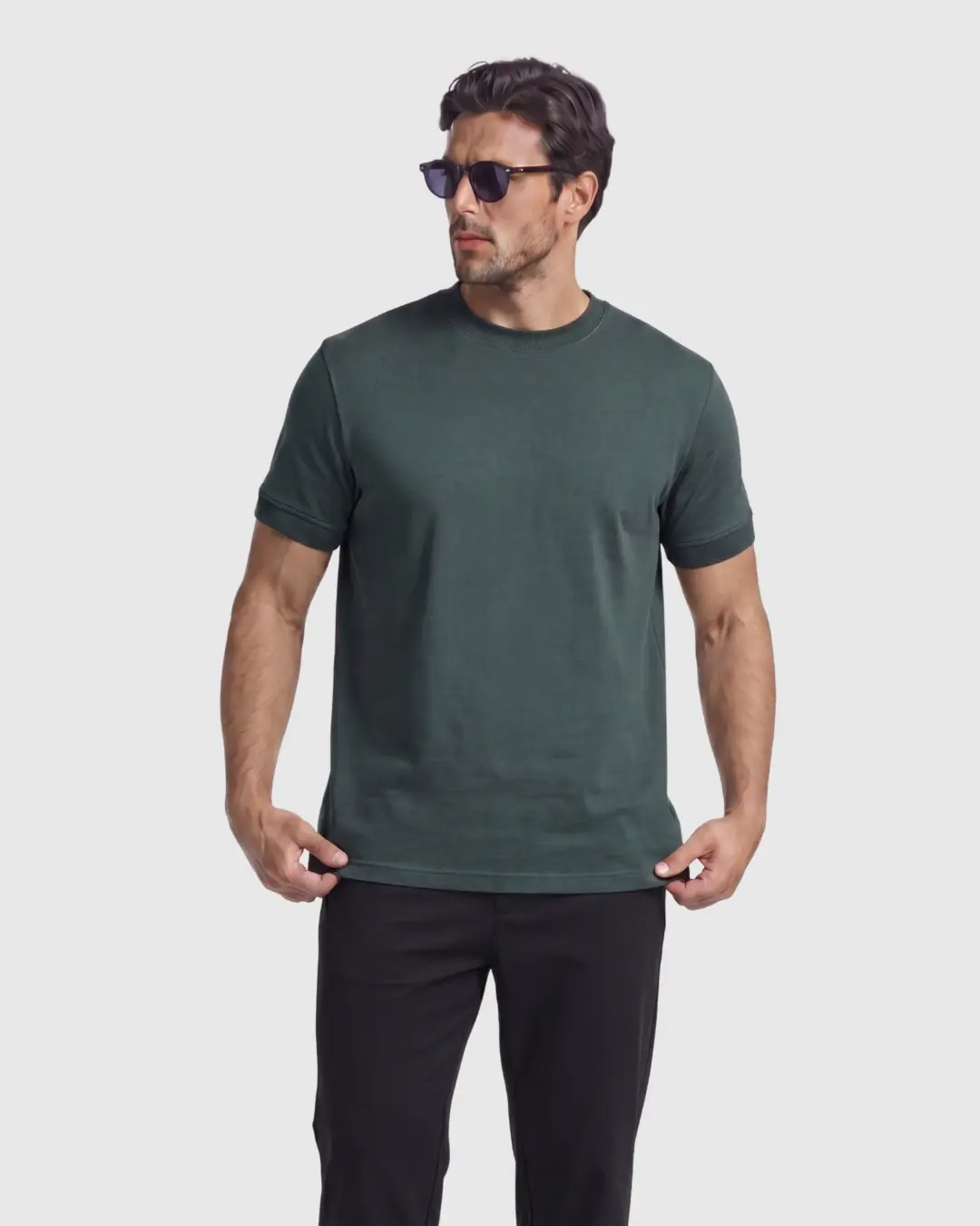 Çımalı Kol Manşetli Düz Basic Tshirt | Regular Fit - Koyu Yeşil