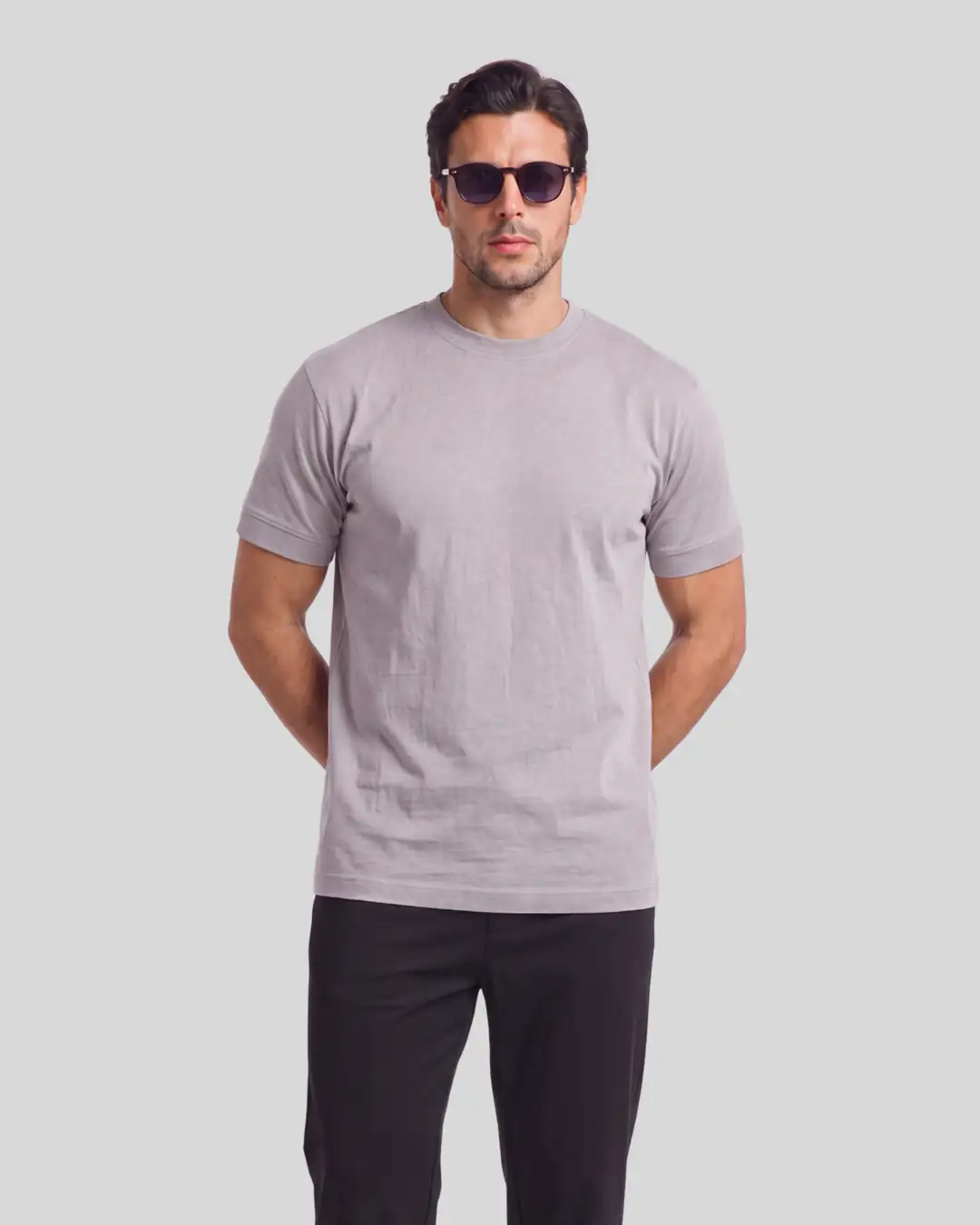 Çımalı Kol Manşetli Düz Basic Tshirt | Regular Fit - Açık Gri